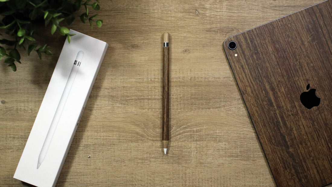 Second-generation Apple Pencil with an Aged Oak vinyl skin