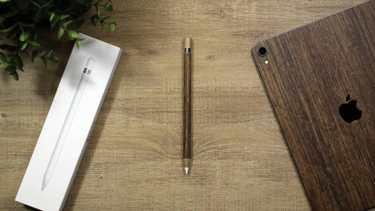 Second-generation Apple Pencil with an Aged Oak vinyl skin