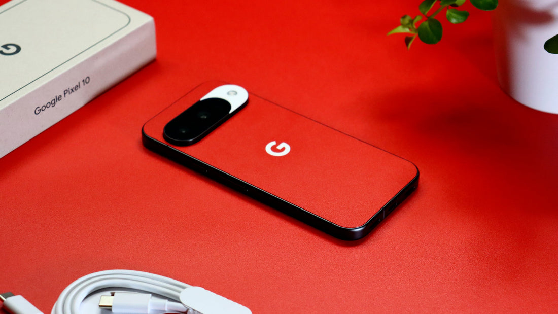 Google Pixel 10 with a Textured Matt Red vinyl skin