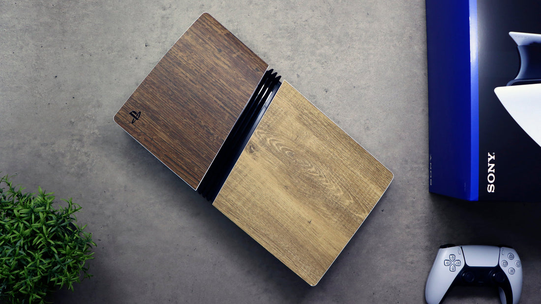 PS5 Pro with contrasting wood-effect vinyl skins on its outer panels